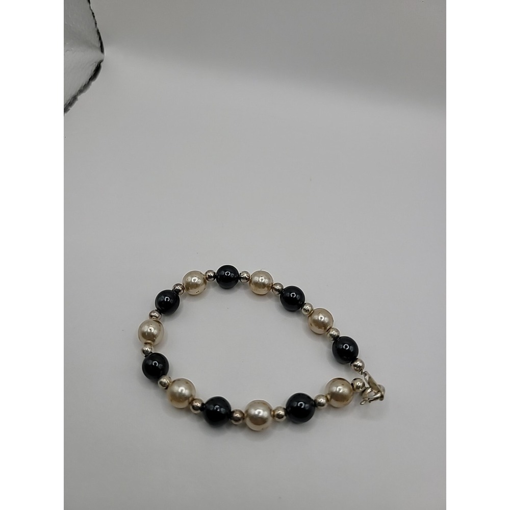Vintage 925 Sterling Silver Bracelet‎ Beaded Gray White Jewelry Costume